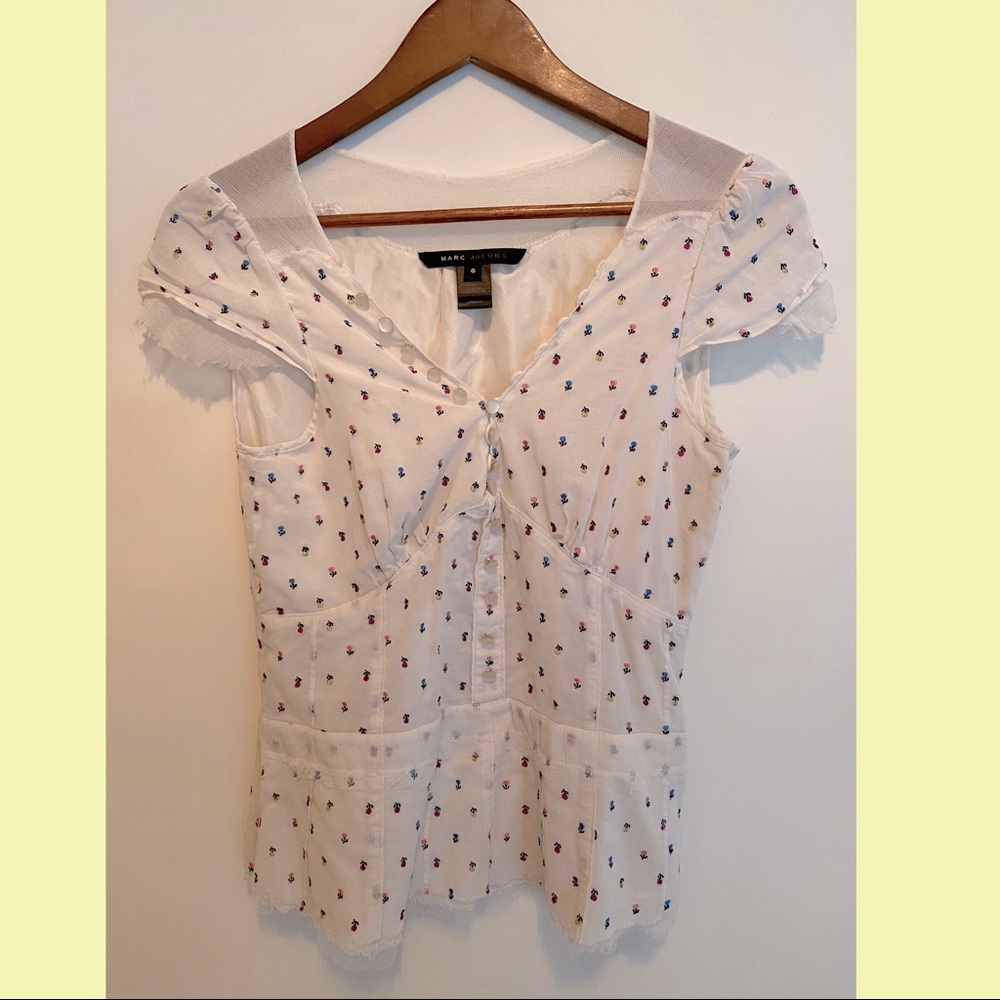 Marc by Marc Jacobs White Blouse with Red and Blue Microprint
